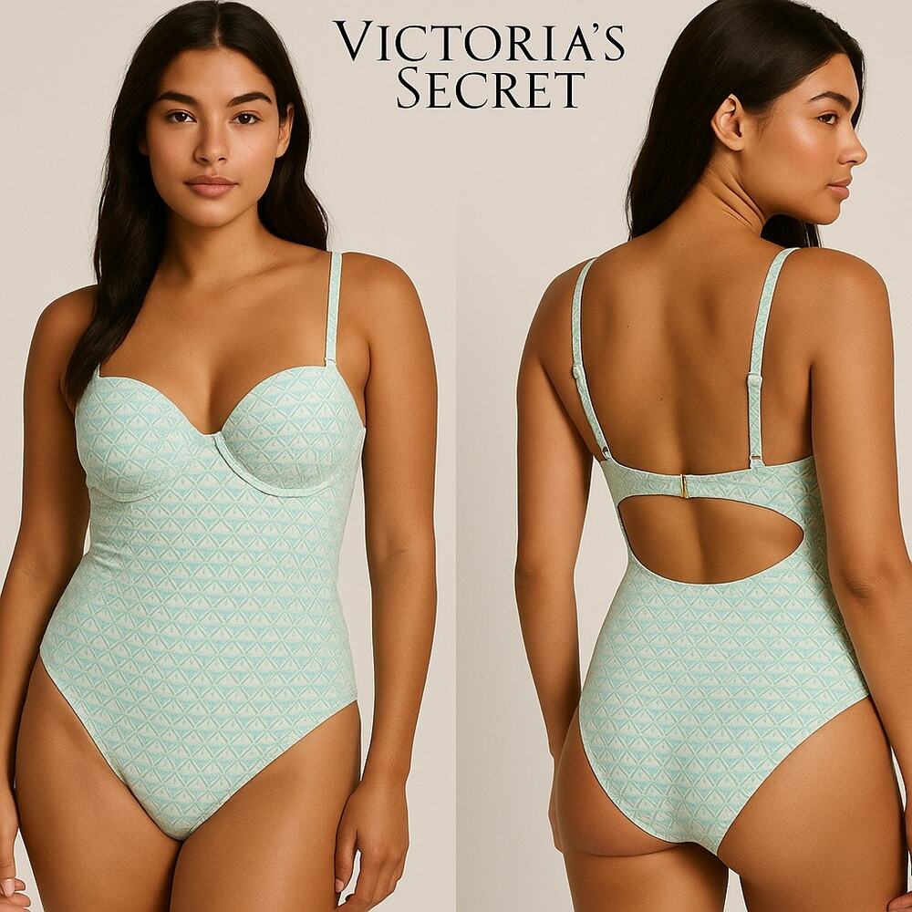 Victoria’s Secret Mist Green & White Swimsuit Sz. L  NWOT